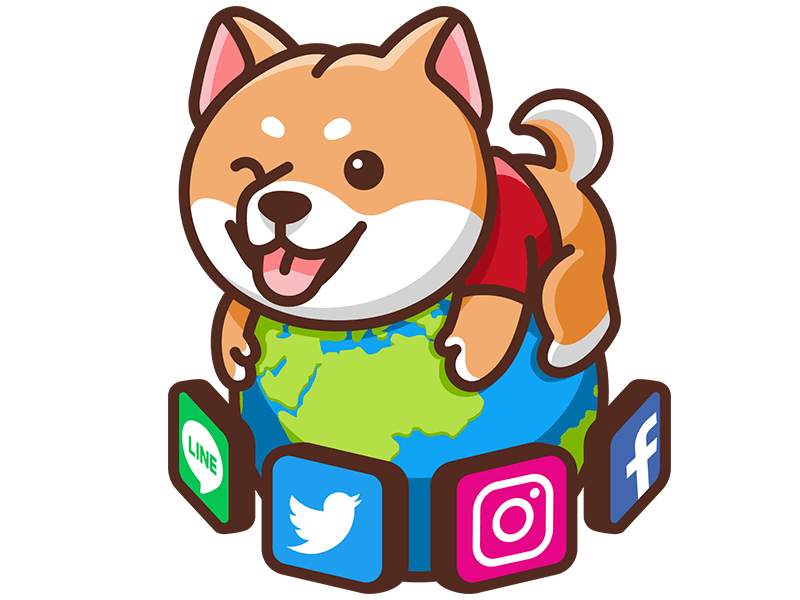 柴犬与全球社交平台图标，表示多地区连接选择